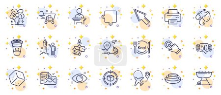 Illustration for Outline set of Dice, Calories and Touchscreen gesture line icons for web app. Include Parcel tracking, Difficult stress, Airplane pictogram icons. Shopping cart, 5g wifi, Fireworks signs. Vector - Royalty Free Image