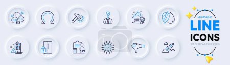 Illustration for Security network, Refrigerator and Calcium mineral line icons for web app. Pack of Hair dryer, Startup rocket, Accounting pictogram icons. Hammer blow, Cream, Building warning signs. Vector - Royalty Free Image