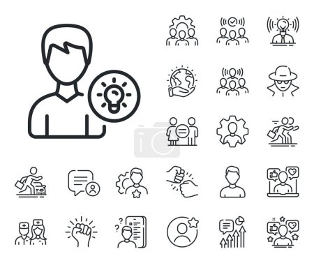 Illustration for Profile with Lamp bulb sign. Specialist, doctor and job competition outline icons. User line icon. Male Person silhouette with idea symbol. Person idea line sign. Vector - Royalty Free Image