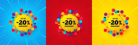 Illustration for Sale 20 percent off banner. Sunburst offer banner, flyer or poster. Discount sticker shape. Coupon bubble icon. Sale 20 percent promo event banner. Starburst pop art coupon. Special deal. Vector - Royalty Free Image