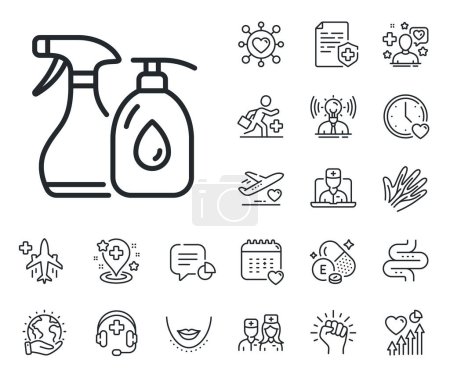 Illustration for Antiseptic spray sign. Online doctor, patient and medicine outline icons. Cleaning liquids line icon. Washing symbol. Cleaning liquids line sign. Veins, nerves and cosmetic procedure icon. Vector - Royalty Free Image