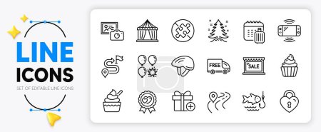 Illustration for Add gift, Balloon dart and Photo camera line icons set for app include Christmas tree, Circus tent, Bicycle helmet outline thin icon. Journey, Cupcake, Love lock pictogram icon. Road. Vector - Royalty Free Image
