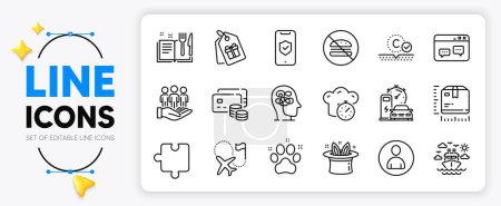 Illustration for Charging station, Browser window and Collagen skin line icons set for app include Best buyers, Hat-trick, Coupons outline thin icon. Recipe book, Avatar, Cooking timer pictogram icon. Vector - Royalty Free Image