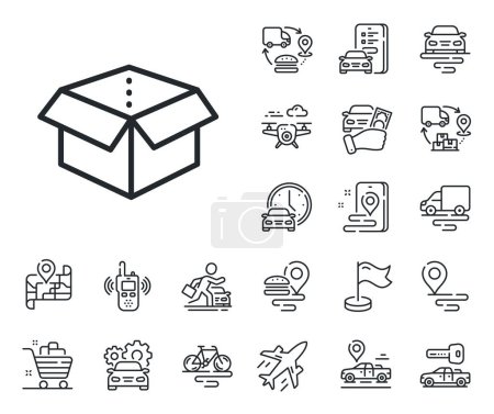Illustration for Delivery parcel sign. Plane, supply chain and place location outline icons. Open box line icon. Cargo package symbol. Open box line sign. Taxi transport, rent a bike icon. Travel map. Vector - Royalty Free Image