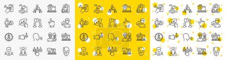 Illustration for Outline Like, Teamwork and Dont touch line icons pack for web with Yoga, Sick man, Work home line icon. Organic tested, Human sing, Headhunting pictogram icon. Cursor, People insurance. Vector - Royalty Free Image