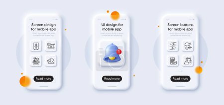 Illustration for Online shopping, Send mail and Chemistry lab line icons pack. 3d phone mockups with bell alert. Glass smartphone screen. Voice wave, Refrigerator, Like web icon. Vector - Royalty Free Image