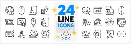 Illustration for Icons set of Earphones, Like photo and Yummy smile line icons pack for app with Crowdfunding, Card, Internet warning thin outline icon. Delivery, Artificial intelligence. Design with 3d stars. Vector - Royalty Free Image