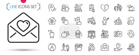 Illustration for Pack of Passenger, Clean shirt and Communication line icons. Include Outsource work, Protection shield, Blood donation pictogram icons. Love letter, Cursor, Voting ballot signs. Vector - Royalty Free Image