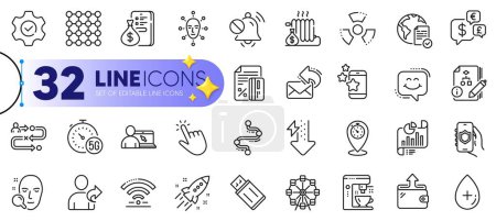 Illustration for Outline set of Journey path, Density and Face biometrics line icons for web with Algorithm, Execute, Online education thin icon. Usb flash, Share mail, Money currency pictogram icon. Vector - Royalty Free Image