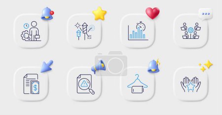 Illustration for Payment, Fireworks rocket and Inspect line icons. Buttons with 3d bell, chat speech, cursor. Pack of Clean towel, Teamwork, Ranking icon. Report timer, Search document pictogram. Vector - Royalty Free Image