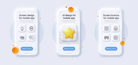 Illustration for No puzzle, Last minute and People talking line icons pack. 3d phone mockups with star. Glass smartphone screen. Spf protection, Light bulb, Artificial intelligence web icon. Vector - Royalty Free Image