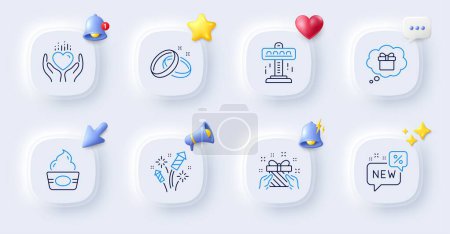 Illustration for New, Fireworks rocket and Gift line icons. Buttons with 3d bell, chat speech, cursor. Pack of Ice cream, Hold heart, Attraction icon. Wedding rings, Gift dream pictogram. For web app, printing. Vector - Royalty Free Image