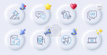 Illustration for Quote bubble, Airplane mode and Employees messenger line icons. Buttons with 3d bell, chat speech, cursor. Pack of Strategy, Award app, Technical algorithm icon. Vector - Royalty Free Image
