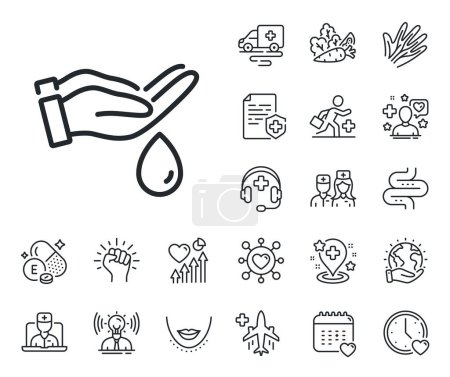 Illustration for Wash hands symbol. Online doctor, patient and medicine outline icons. Moisturizing oil line icon. Skin care sign. Wash hands line sign. Veins, nerves and cosmetic procedure icon. Intestine. Vector - Royalty Free Image