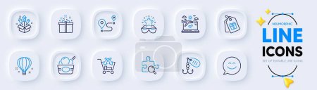 Illustration for Smile chat, Air balloon and Airplane travel line icons for web app. Pack of Fireworks rocket, Best glasses, Coupons pictogram icons. Cross sell, Fishing lure, Special offer signs. Vector - Royalty Free Image