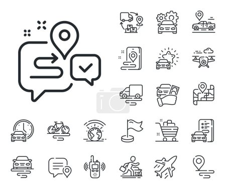 Illustration for Road path sign. Plane, supply chain and place location outline icons. Journey line icon. Route map chat bubble symbol. Journey line sign. Taxi transport, rent a bike icon. Travel map. Vector - Royalty Free Image