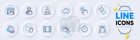 Illustration for Market, Timer and Snow weather line icons for web app. Pack of Genders, Yoga, Cash back pictogram icons. Open door, Synchronize, Cursor signs. Fake information, Woman read, Clothing. Vector - Royalty Free Image