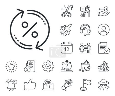 Illustration for Discount sign. Salaryman, gender equality and alert bell outline icons. Loan percent update line icon. Credit percentage rate symbol. Loan percent line sign. Spy or profile placeholder icon. Vector - Royalty Free Image