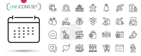 Illustration for Pack of Journey, Sunscreen and Christmas ball line icons. Include Bus travel, Heart, Travel passport pictogram icons. Boat fishing, Grill, Romantic dinner signs. Flight destination. Vector - Royalty Free Image