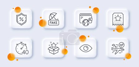Illustration for Timer, Fake news and Loyalty program line icons pack. 3d glass buttons with blurred circles. Confirmed flight, Eye, Loyalty ticket web icon. Loan percent, Wallet pictogram. Vector - Royalty Free Image