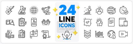 Illustration for Icons set of Fast verification , Chemistry experiment and Certificate line icons pack for app with Shoulder strap, Deflation, Environment day thin outline icon. Ranking stars, Document. Vector - Royalty Free Image
