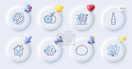 Illustration for Orange, Macadamia nut and Vegetables cart line icons. Buttons with 3d bell, chat speech, cursor. Pack of Walnut, Salad, Leaf icon. Beer bottle, Food delivery pictogram. For web app, printing. Vector - Royalty Free Image