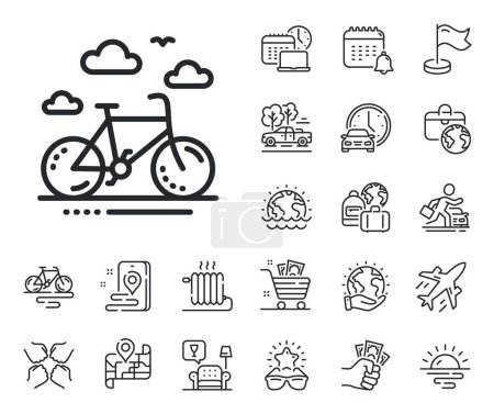 Illustration for Bicycle rent sign. Plane jet, travel map and baggage claim outline icons. Bike rental line icon. Hotel service symbol. Bike rental line sign. Car rental, taxi transport icon. Place location. Vector - Royalty Free Image