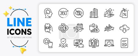 Illustration for Discount tags, Mental conundrum and Salary line icons set for app include Mail app, Not looking, Security agency outline thin icon. Analysis graph, Laptop insurance. Vector - Royalty Free Image