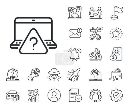 Illustration for Quiz sign. Salaryman, gender equality and alert bell outline icons. Online question line icon. Outsource support symbol. Online question line sign. Spy or profile placeholder icon. Vector - Royalty Free Image