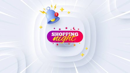 Illustration for Shopping night banner. Neumorphic offer 3d banner, poster. Discount sticker shape. Hot offer icon. Shopping night promo event background. Sunburst banner, flyer or coupon. Vector - Royalty Free Image