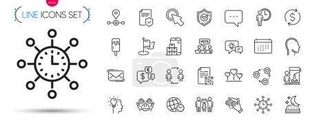 Illustration for Pack of Messenger mail, Insurance policy and Dollar exchange line icons. Include Station, Head, Online voting pictogram icons. Calendar, Love heart, Clapping hands signs. Painter. Vector - Royalty Free Image