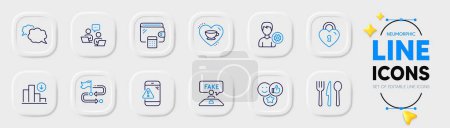 Illustration for Food, Support and Wallet line icons for web app. Pack of Fake review, Teamwork, Warning message pictogram icons. Love lock, Decreasing graph, Like signs. Travel path, Love coffee, Messenger. Vector - Royalty Free Image