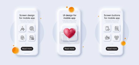 Illustration for Seo phone, Internet and Vegetables line icons pack. 3d phone mockups with heart. Glass smartphone screen. Search document, Lease contract, Stars web icon. Info app, Maggots pictogram. Vector - Royalty Free Image