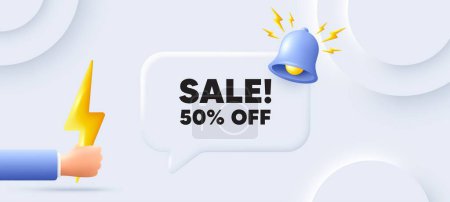 Illustration for Sale 50 percent off discount. Neumorphic background with chat speech bubble. Promotion price offer sign. Retail badge symbol. Sale speech message. Banner with energy. Vector - Royalty Free Image