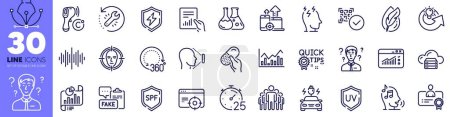 Illustration for Web traffic, Spf protection and Cloud server line icons pack. Sound wave, Car charging, Support consultant web icon. Uv protection, Group, Document pictogram. Chemistry lab, Timer, Qr code. Vector - Royalty Free Image