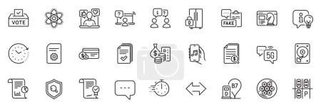 Illustration for Icons pack as Online question, Music app and Social media line icons for app include Vote box, Fake document, Cable section outline thin icon web set. Financial documents, 5g internet. Vector - Royalty Free Image