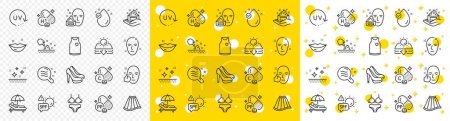 Illustration for Outline Skin care, Health skin and Vitamin c line icons pack for web with Uv protection, Spf protection, Shoes line icon. Lingerie, Vitamin h1, Sunbed pictogram icon. Lips, Face cream, T-shirt. Vector - Royalty Free Image