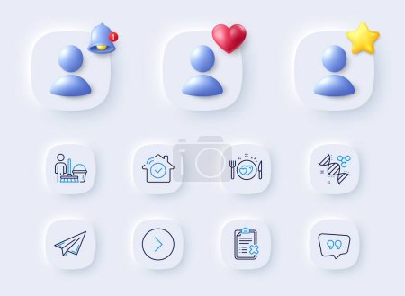 Illustration for Cleaning, Quote bubble and House security line icons. Placeholder with 3d bell, star, heart. Pack of Romantic dinner, Forward, Reject checklist icon. Paper plane, Chemistry dna pictogram. Vector - Royalty Free Image