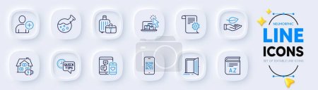 Vocabulary, Chemistry lab and Technical documentation line icons for web app. Pack of Quick tips, Add user, Qr code pictogram icons. Baggage, Home charging, Social media signs. Leaf. Vector
