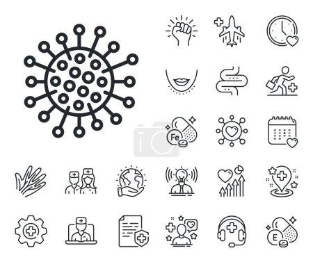 Illustration for Covid-19 pandemic virus sign. Online doctor, patient and medicine outline icons. Coronavirus line icon. Corona virus symbol. Coronavirus line sign. Veins, nerves and cosmetic procedure icon. Vector - Royalty Free Image