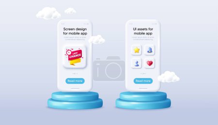 Illustration for Last chance offer banner. Phone mockup on podium. Product offer 3d pedestal. Sale timer tag. Countdown clock promo icon. Background with 3d clouds. Last chance promotion message. Vector - Royalty Free Image