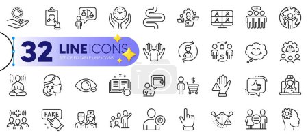 Illustration for Outline set of Yoga, Teamwork and Engineering line icons for web with Fake information, Inspect, Buying process thin icon. Smile, Lawyer, Cursor pictogram icon. Global business. Vector - Royalty Free Image