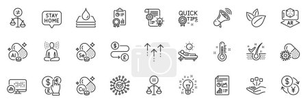 Illustration for Icons pack as Cogwheel, Money currency and Organic product line icons for app include Currency exchange, Money transfer, Swipe up outline thin icon web set. Thermometer. Cogwheel outline sign. Vector - Royalty Free Image