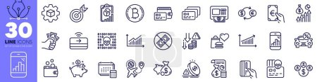 Illustration for Target, Flight sale and Buying currency line icons pack. Fraud, Payment card, Deflation web icon. Cyber attack, Account, Report pictogram. Wallet, Graph phone, Salary. Card. Vector - Royalty Free Image