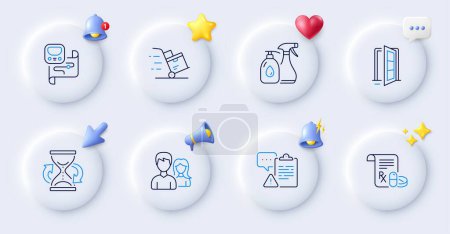 Illustration for Clipboard, Metro map and Hourglass line icons. Buttons with 3d bell, chat speech, cursor. Pack of Open door, Delivery cart, Medical prescription icon. Couple, Cleaning liquids pictogram. Vector - Royalty Free Image