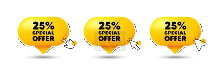 Illustration for 25 percent discount offer tag. Click here buttons. Sale price promo sign. Special offer symbol. Discount speech bubble chat message. Talk box infographics. Vector - Royalty Free Image