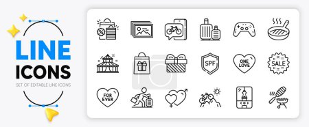 Illustration for Sale, Male female and One love line icons set for app include Spf protection, Gift, Fish grill outline thin icon. Image gallery, Baggage, Travel delay pictogram icon. Mountain bike. Vector - Royalty Free Image