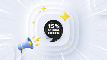 Illustration for Special offer qoute banner. Neumorphic offer 3d banner, poster. Discount sticker with comma. Gift coupon icon. Special offer promo event background. Sunburst banner, flyer or coupon. Vector - Royalty Free Image