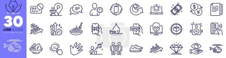 Illustration for Shoes, Contactless payment and Time management line icons pack. Card, Cyber attack, Health eye web icon. Currency exchange, Payment, Grill place pictogram. Pasta dish, Flight mode, Music. Vector - Royalty Free Image
