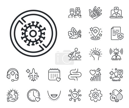 Illustration for Covid-19 pandemic virus sign. Online doctor, patient and medicine outline icons. Stop coronavirus line icon. Corona virus symbol. Stop coronavirus line sign. Vector - Royalty Free Image
